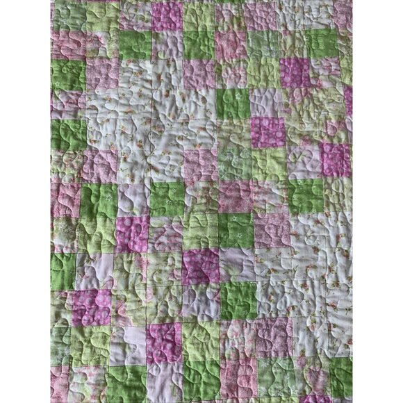 Handmade Patchwork Baby Quilt Pink & Green Floral /Star / Heart Reversible - Picture 13 of 16